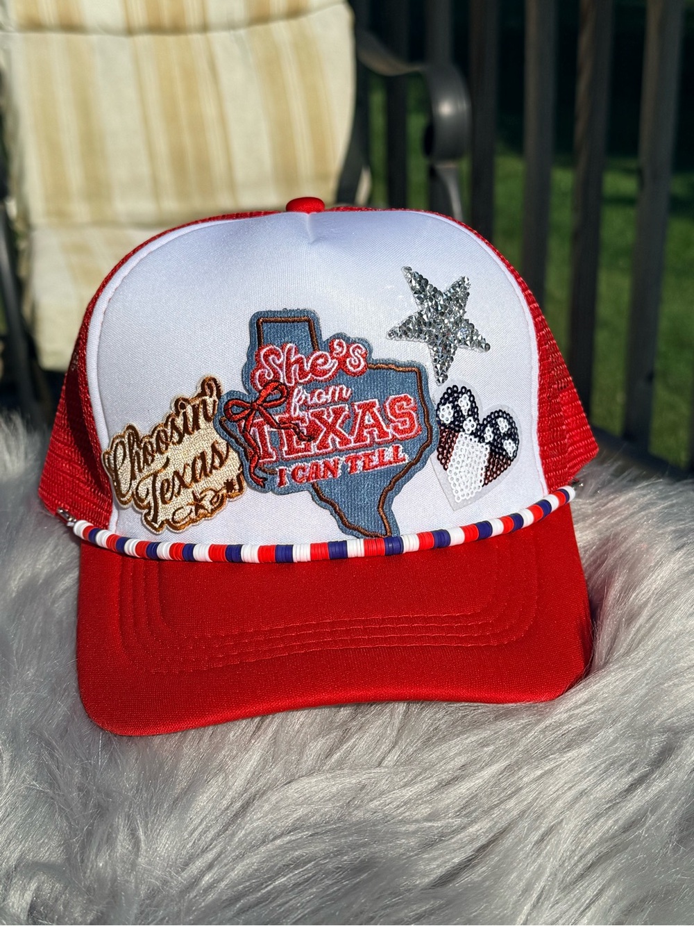 Red and White She’s From Texas I Can Tell Trucker Hat
